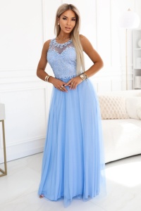 Rochie maxi romantică pentru nuntă cu dantelă brodată și tul - albastru deschis