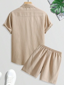 Set casual compus din camasa cu maneca scurta si pantaloni scurti cu snur pentru barbati, culoarea bej - Img 3