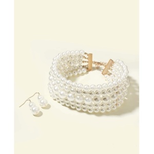 Set colier choker din multiple siraguri de perle albe faux si cercei perla, culoarea alb - Img 2