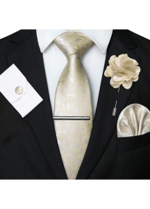 Set cravata barbati 5 piese, model abstract, satin tip matase, cu ac de cravata argintiu, batista, butoni si ac rever, ideal cadou, business si evenimente elegante, bej deschis