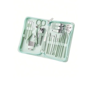 Set profesional de ingrijire manichiura si pedichiura, 22 accesorii, otel inoxidabil, inclus etui, culoarea verde - Img 5