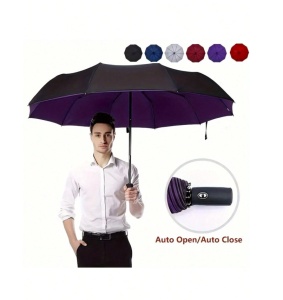 Umbrela telescopica automata rezistenta la vant, cu 10 nervuri, material ultra rezistent, solida, culoarea negru si interior violet
