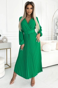 VIVIANA Rochie midi plisată cu decolteu, mânecă lungă și cordon lat - VERDE DESCHIS