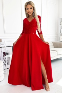 AMBER rochie lungă elegantă din dantelă cu decolteu și slit pe picior - ROȘIE