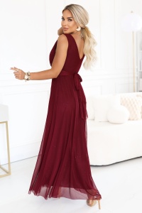 AVELINE Rochie maxi lungă din tul cu sclipici și decolteu rotund - bordo - Img 3