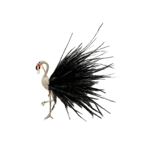 Brosa model Flamingo cu pene si strasuri, 7 x 8.8 cm, culoarea negru si auriu