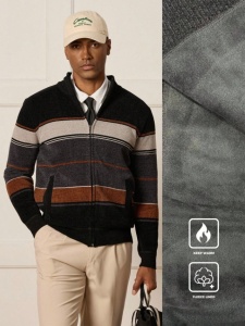 Cardigan pentru barbati captusit, cu fermoar, model in dungi, culoarea negru gri maro - Img 2