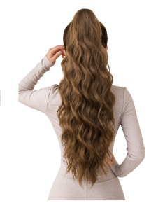 Coada de par extensie ponytail, par ondulat, cu sistem de prindere tip cleste, 61 cm, culoarea maro