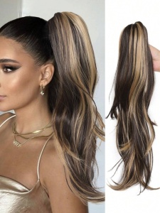 Coada de par extensie Ponytail usor ondulata, 45 cm, culoarea saten cu suvite blonde - Img 6