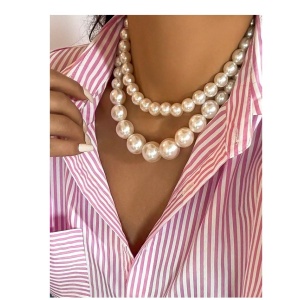 Colier choker cu doua randuri de perle faux, diametru 35+7 cm, culoarea alb - Img 3