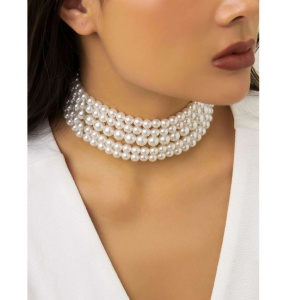 Colier choker din multiple siraguri de perle albe faux pentru femei, model la baza gatului, culoarea alb - Img 5