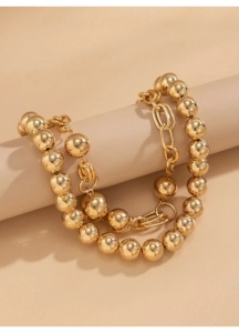 Colier statement pentru femei, cu margele metalice aurii si lant decorativ, accesoriu fashion, 37+7 cm, auriu - Img 4