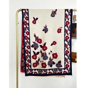 Esarfa lunga tip sal pentru dama din materiale premium, model floral crini, culoarea bej si mov - Img 2