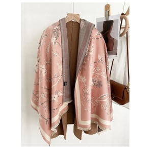 Esarfa lunga tip sal pentru dama din materiale premium, model flori pe ramuri, 185 x 65 cm, culoarea roz si bej, The Casius.® - Img 2