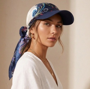 Esarfa-sapca dama stil boem, imprimeu leopard/paisley din satin, bor larg, albastru inchis - Img 3