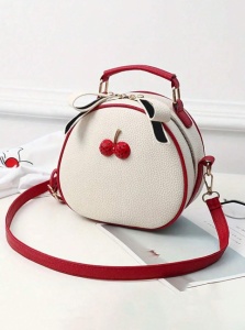 Geanta de mana rotunda Mini Cherry, crossbody, cu maner superior, dimensiuni 20x20x9 cm, culoarea alb si rosu - Img 3