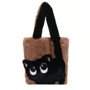 Geanta de umar din blana ecologica, model Pisica neagra cu ochi mari, dimensiuni 30x30 cm, bej