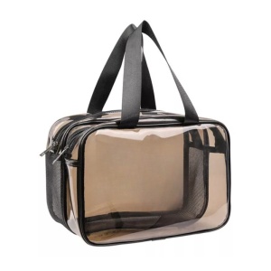 Geanta pentru cosmetice cu doua compartimente de capacitate mare, 30.5 cm, culoarea negru fumuriu transparent