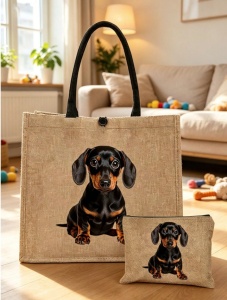 Geanta tote din material de in cu portofel, model Catel, 30x34x11 cm, bej - Img 2