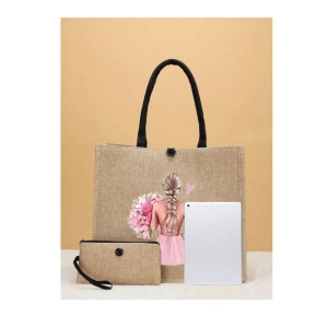 Geanta tote din material de in cu portofel, model Fata cu buchet mare de flori roz, 34x30x17.5 cm - Img 5