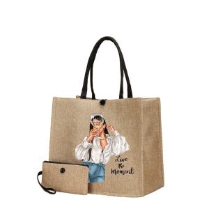 Geanta tote din material de in cu portofel, model Fata cu pahar, 34x31x15x15 cm, culoarea bej