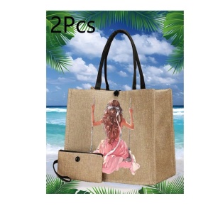 Geanta tote din material de in cu portofel, model Fata in legan, 34x30x17.5 cm, culoarea bej - Img 2