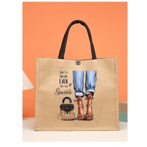 Geanta tote din material de in cu portofel, model Fata pe tocuri, 34 x 31 x 15 cm cm, culoarea bej - Img 5