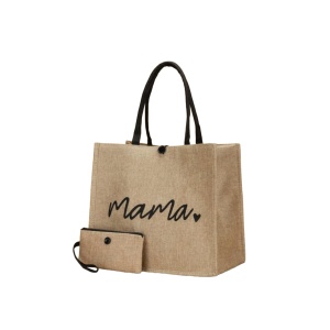 Geanta tote din material de in cu portofel, model Mama, 30x34x15x14 cm, culoarea bej