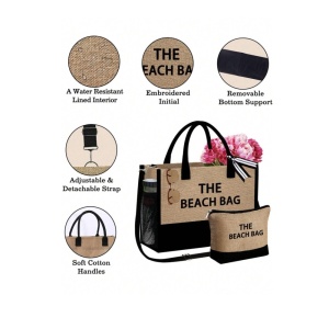 Geanta tote din material de in cu portofel, model The Beach Bag, 41.5x13x31.5 cm, culoarea bej - Img 2