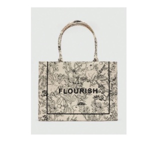 Geanta tote, material exterior textil, design floral vintage Flourish, 41x15x32 cm, culoarea bej gri - Img 2