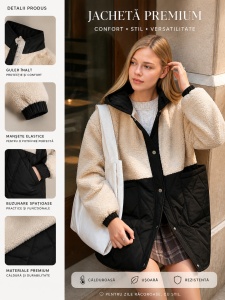 Jachetă damă casual primăvară-toamnă cu blană artificială, design contrastant, închidere cu capse, buzunare laterale, stil elegant și confortabil - Img 2