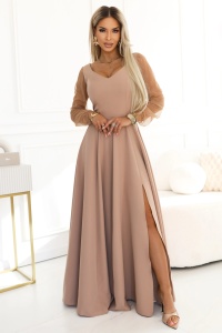 LORETTA Rochie lungă unică cu mâneci din tulle și decolteu - bej