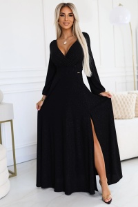 NELA rochie lungă strălucitoare cu decolteu și mâneci lungi - negru