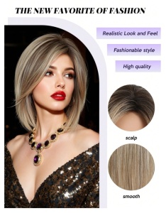 Peruca bob cu breton, lungime 25 cm, culoarea saten deschis suvitat nuante cu radacinile inchise - Img 6