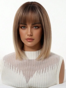 Peruca bob cu breton, lungime 30 cm, culoarea blond deschis suvitat cu radacinile inchise - Img 4