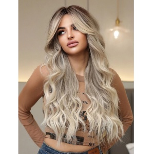 Peruca pentru femei cu par lung ondulat, breton, culoarea blond cenusiu balayage, 65 cm - Img 2