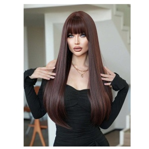 Peruca pentru femei, par lung cu breton, imita parul natural, 70 cm, culoarea maro roscat - Img 4