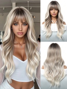 Peruca pentru femei, par lung ondulat, cu breton, 66 cm, culoarea blond rece suvitat, radacini inchise - Img 3