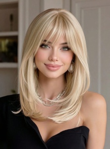 Peruca pentru femei, par lung ondulat, cu breton, imita parul natural, 35.5 cm, culoarea blond deschis, theCasius.® - Img 2