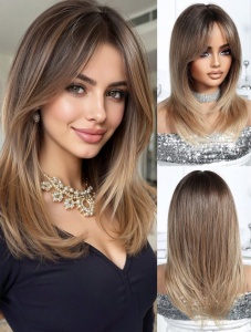 Peruca pentru femei, par lungime medie, cu breton, culoarea saten ombre deschis, lungime 45 cm - Img 2
