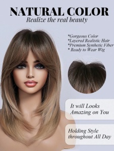 Peruca pentru femei, par mediu drept, cu breton, imita parul natural, 50 cm, culoarea saten suvitat - Img 2