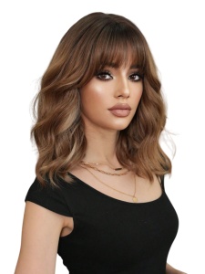 Peruca pentru femei, par mediu ondulat, cu breton, imita parul natural, 40 cm, culoarea saten ciocolata suvitat, theCasius.®