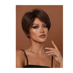 Peruca pentru femei, par scurt bob, cu breton, imita parul natural, culoarea saten inchis, lungime 25 cm, The Casius.® - Img 5