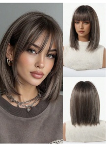 Peruca pentru femei, tunsoare Bob scurta cu breton, fibra sintetica cu aspect natural, 30 cm, brown ombre - Img 3