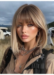 Peruca pentru femei, tunsoare Bob scurta dreapta, cu breton, fibra sintetica rezistenta la caldura, 30 cm, blond auriu - Img 5