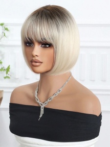 Peruca pentru femei, tunsoare par scurt bob, cu breton, lungime 25.4 cm, culoarea blond auriu cu radacini inchise - Img 4