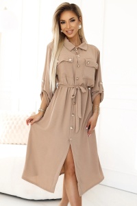 Rochie camasa midi cu nasturi si cravate aurii - MOCHA MOUSSE