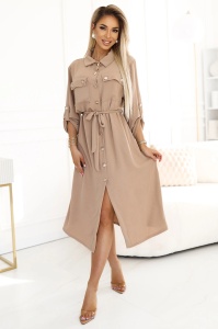 Rochie camasa midi cu nasturi si cravate aurii - MOCHA MOUSSE - Img 4