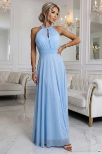 Rochie de seară elegantă maxi halter cu tul și legătură la talie - albastru deschis