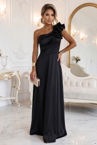 Rochie de seară maxi din satin, cu un umăr gol, cu volănaș decorativ - negru